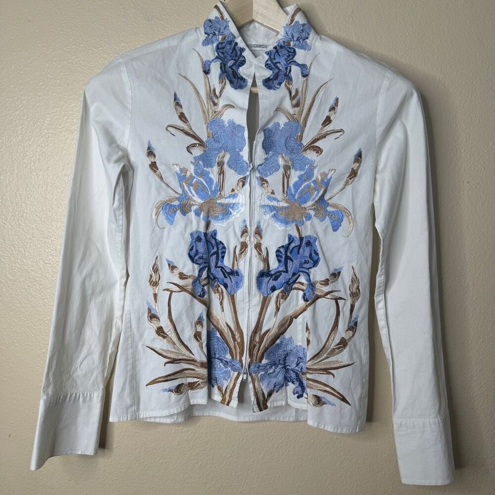 Nara Camicie Shirt Women's Small White Full Zip Long Sleeve Embroidered Blouse